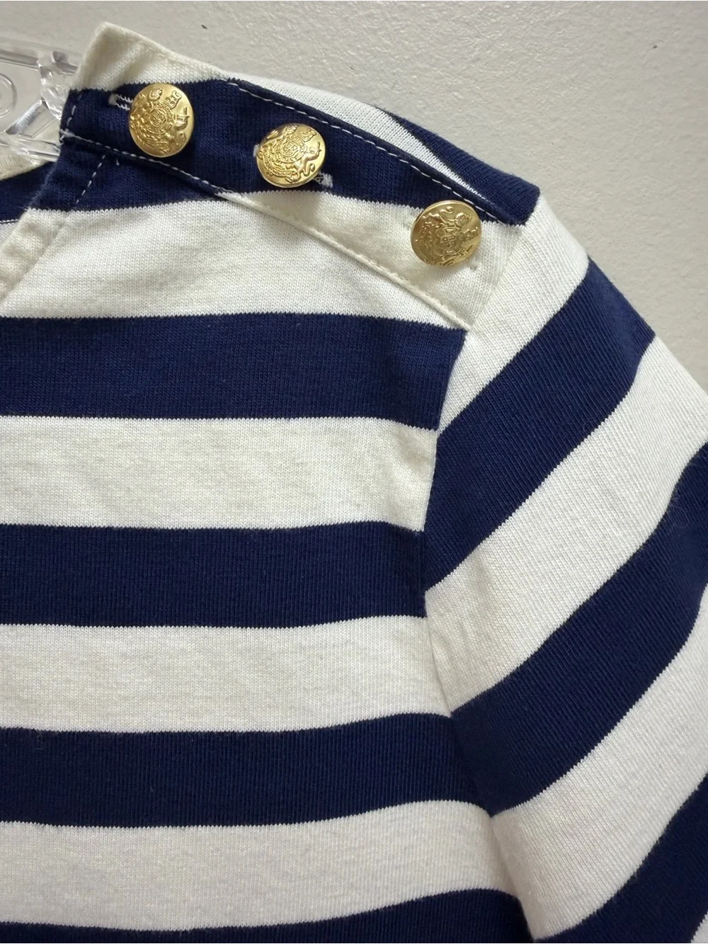 J. Crew Factory Striped Short Sleeve Top Gold Buttons Cotton Navy Blue Size L